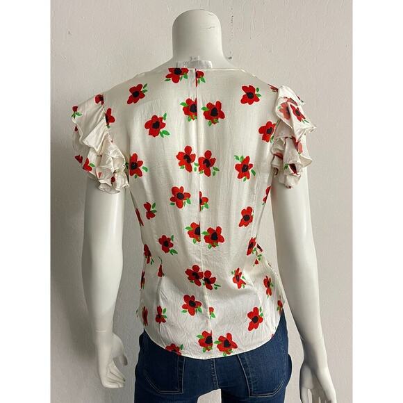 Caroline Constas M Silk Blouse White & Red Floral Rheya Flutter Sleeve Top $395 - Picture 7 of 9